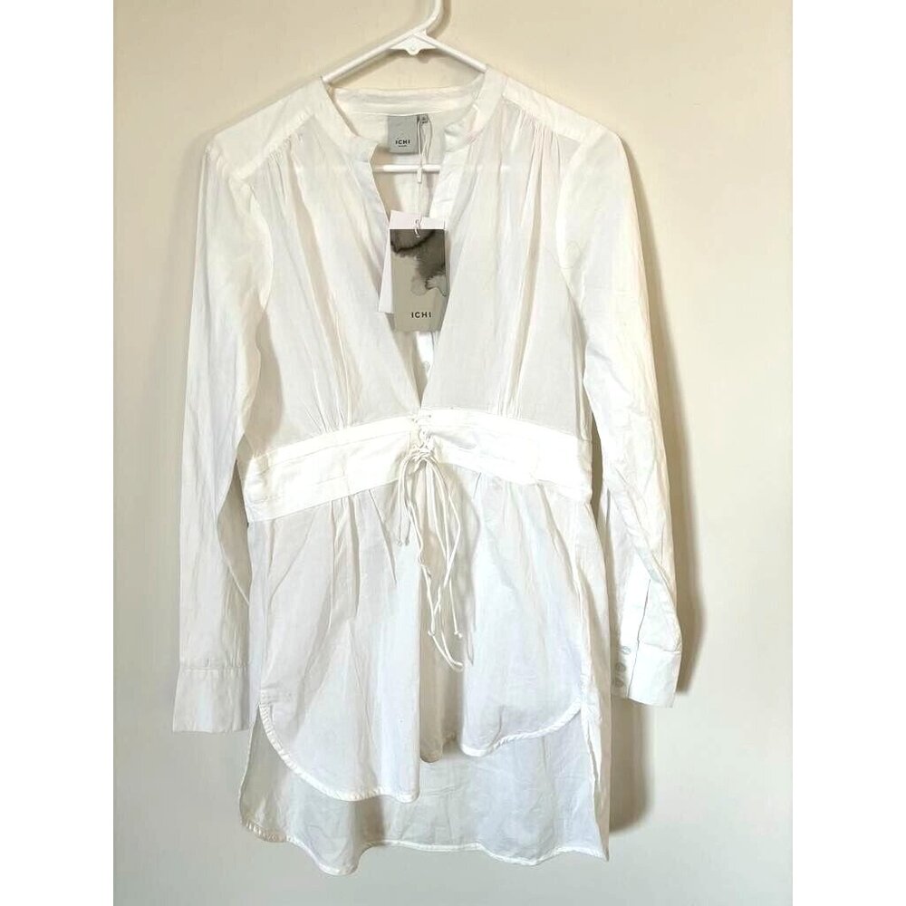 NWT ICHI Long Sleeve Tunic Top Size 38 Button Down Waist Tie Lightweight Cotton